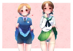  2girls artist_name bike_shorts bike_shorts_under_skirt black_neckerchief black_necktie black_shorts blouse blue_skirt blue_sweater blush border braid brown_eyes brown_hair closed_mouth clothes_lift commentary dress_shirt emblem flying_sweatdrops girls_und_panzer green_skirt heart itsumip lifting_own_clothes long_sleeves looking_at_viewer miniskirt multiple_girls neckerchief necktie ooarai_school_uniform orange_pekoe_(girls_und_panzer) outside_border parted_bangs parted_lips pink_background pleated_skirt sailor_collar sawa_azusa school_uniform serafuku shirt short_hair shorts signature skirt skirt_lift smile st._gloriana&#039;s_(emblem) st._gloriana&#039;s_school_uniform standing sweater twin_braids v-neck white_border white_sailor_collar white_shirt white_shorts wing_collar 