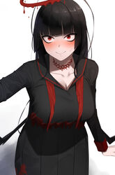  black_hair black_shirt black_skirt blue_archive blunt_bangs blush breasts choker cleavage closed_mouth collarbone commentary_request female halo highres large_breasts long_hair long_sleeves looking_at_viewer neck_ribbon nose_blush pleated_skirt red_choker red_eyes red_ribbon ribbon sailor_collar sanpaku school_uniform senju_(snz0) serafuku shirt skirt skirt_set sleeve_cuffs smile solo sweat tsurugi_(blue_archive) undone_neck_ribbon 