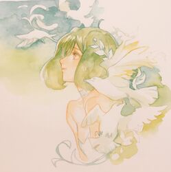  ahoge bare_shoulders bird choker dress female green_hair highres kimidori_(kimidoriri) macross macross_frontier painting_(medium) ranka_lee red_eyes short_hair solo strapless strapless_dress traditional_media watercolor_(medium) 