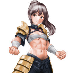  abs bandaged_arm bandages breasts budget_sarashi cleavage clenched_hands closed_mouth double-parted_bangs female frown grey_eyes grey_hair highres long_hair minamoto80486 navel ponytail ringed_eyes sarashi simple_background small_breasts solo split_mouth underboob white_background wizardry 