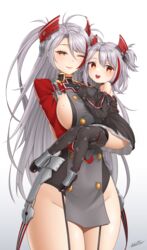  2girls :d ;) absurdres antenna_hair azur_lane bare_shoulders black_footwear black_gloves black_jacket black_thighhighs breasts buttons carrying child_carry closed_mouth clothing_cutout cowboy_shot cross double-breasted dress english_commentary garter_straps gloves grey_dress groin hair_between_eyes headgear highres iron_cross jacket large_breasts little_prinz_eugen_(azur_lane) long_hair long_sleeves looking_at_viewer mole mole_on_breast mother_and_daughter multicolored_hair multiple_girls no_panties off_shoulder one_eye_closed open_mouth orange_eyes parted_bangs pelvic_curtain prinz_eugen_(azur_lane) red_hair red_sleeves rudder_footwear side_cutout sideboob sideless_shirt sidelocks simple_background sleeveless sleeveless_dress smile standing streaked_hair teeth thighhighs two-tone_gloves two-tone_hair two_side_up upper_teeth_only very_long_hair white_background white_dress whitter 