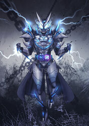  1boy absurdres armor barid_rex barid_vice belt black_armor blue_eyes chained chains clenched_hands compound_eyes dinosaur driver_(kamen_rider) floating fusion glowing glowing_eyes highres ink_stamp kamen_rider kamen_rider_jack_revice kamen_rider_revi kamen_rider_revice kamen_rider_vice looking_at_viewer male_focus revice_driver rex_genome sharp_teeth spiked_armor spikes symmetry teeth thundergale_revice tokusatsu tokusatsushima tyrannosaurus_rex vistamp volcano_genome volcano_rex waistcoat watermark 