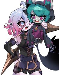  2girls :d absurdres ahoge bare_shoulders belt beseunaj-jamjaneun_gemdol-i black_belt black_hoodie breasts briar_(league_of_legends) brown_sclera brown_sleeves colored_sclera cowboy_shot detached_sleeves fangs green_hair grey_eyes grey_hair hand_on_own_hip highres hood hood_up hoodie league_of_legends lifting_person long_sleeves multicolored_hair multiple_girls pants pink_eyes pink_hair pink_pants pointy_ears sharp_teeth shoes short_hair simple_background slit_pupils small_breasts smile teeth two-tone_hair upper_teeth_only vex_(league_of_legends) vex_shadow_(league_of_legends) white_background 