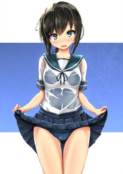  black_hair black_one-piece_swimsuit blue_sailor_collar blue_skirt blush clothes_lift collarbone cowboy_shot female fubuki_(kancolle) green_eyes hair_between_eyes highres kantai_collection lifting_own_clothes one-piece_swimsuit open_mouth pleated_skirt sailor_collar school_swimsuit school_uniform see-through serafuku short_hair short_ponytail short_sleeves skirt skirt_lift solo swimsuit swimsuit_under_clothes unomi 