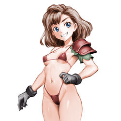  armor bikini bikini_armor blue_eyes breasts brown_hair cleavage cowboy_shot female gloves grey_gloves grin highleg highleg_bikini highres hip_bones legs_together micro_bikini minamoto80486 navel original red_bikini ringed_eyes short_hair single_bare_shoulder single_shoulder_pad small_breasts smile solo standing swimsuit teeth thighs underboob 