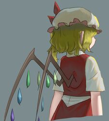  blonde_hair bow collared_shirt female flandre_scarlet frogsnake from_behind hat hat_bow mob_cap multicolored_wings one_side_up red_bow red_skirt red_vest shirt short_hair short_sleeves skirt solo touhou upper_body vest waistcoat white_hat white_shirt wings 