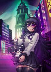  ahoge animal black_hair black_skirt blush bow cityscape crawling_dreams female frilled_skirt frills ghast_(osiimi) hair_between_eyes highres holding holding_animal jewelry long_hair long_sleeves messy_hair necklace neon_lights nyarla_(osiimi) open_mouth osiimi parted_lips purple_eyes shirt sidelocks skirt solo stairs striped_clothes striped_skirt sweater thighhighs white_shirt 