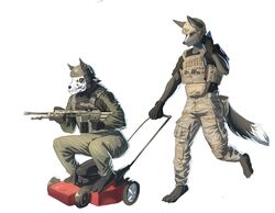  2023 accessory american_mythology anonymous_artist anthro armor bone bulletproof_vest canid canine canis clothed clothing crouching digital_drawing_(artwork) digital_media_(artwork) digitigrade dire_wolf duo electronics extinct female fluffy fur gun headgear helmet hi_res hissukka holding_object holding_weapon indigenous_north_american_mythology john_doe_(john) lawn_mower male male/female mammal meme monster multi_eye mythology north_american_mythology orange_eyes paws phone prehistoric_species ranged_weapon red_eyes shaded simple_background skull skull_head tactical_gear tail tuft weapon wendigo wolf 