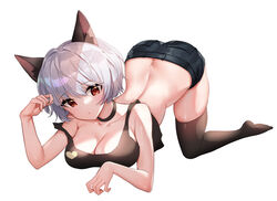  animal_ear_fluff animal_ears ass bare_shoulders black_shorts black_tank_top black_thighhighs breasts cat_ears choker cleavage collarbone commentary crop_top female heart highres large_breasts looking_at_viewer original picter red_eyes short_hair short_shorts shorts solo symbol-only_commentary tank_top thighhighs top-down_bottom-up underwear white_hair 