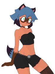  3:4 absurd_res anthro belt black_bottomwear black_clothing black_crop_top black_hotpants black_shirt black_shorts black_topwear blue_hair bone bottomwear brand_new_animal canid canine clothing crop_top female fishnet_clothing fishnet_legwear hair hi_res hikaridraws hotpants legwear mammal michiru_kagemori midriff raccoon_dog shirt shorts skull solo studio_trigger tanuki topwear 