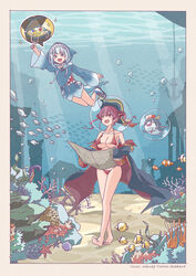  2girls :d absurdres adapted_costume anchor animal_hood arm_up artist_name barefoot bikini bloop_(gawr_gura) blue_eyes blue_hair blush border breasts bubble butterflyfish chains clam clownfish coin coral coral_reef fins fish fish_tail floating_hair full_body gawr_gura gem gold_coin grey_hair hat heterochromia highres holding holding_map hololive hololive_english hood houshou_marine houshou_marine_(1st_costume) index_finger_raised jacket large_breasts long_hair looking_at_another looking_at_viewer looking_up map medium_hair multicolored_hair multiple_girls off_shoulder onesie open_mouth pirate_hat pointing red_bikini red_eyes red_hair saku39_(skb318) school_of_fish seaweed shark_hood shark_tail sharp_teeth ship&#039;s_wheel shoes sleeves_past_wrists smile sparkle spoken_object starfish streaked_hair sunfish swimming swimsuit tail teeth tentacle treasure treasure_chest treasure_map tropical_fish twintails twitter_username two-tone_hair underwater underwater_city virtual_youtuber walking water whale white_border yellow_eyes 