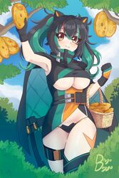  absurdres ammunition_pouch aqua_hair arm_up armpits artist_name asymmetrical_legwear basket black_cloak black_hair black_shirt blush breasts cloak closed_mouth clothing_cutout commentary commission cowboy_shot drogo_doggo female food girls&#039;_frontline gloves hair_between_eyes high_collar highres holding holding_basket holding_food large_breasts leaf long_hair looking_at_food multicolored_hair outdoors panties pouch saf_(girls&#039;_frontline) shirt smile solo spanish_commentary thigh_strap tree two-tone_hair underboob underboob_cutout underwear yellow_eyes 