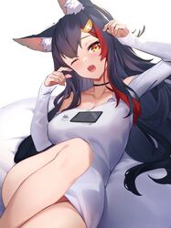  ;o animal_ear_fluff animal_ears bare_legs black_choker black_hair bottomless breasts brown_eyes choker female hair_ornament hairclip hands_up highres hololive large_breasts long_hair long_sleeves looking_at_viewer lying multicolored_hair naked_shirt ninsaki_(9saki) no_panties off_shoulder official_alternate_costume on_back one_eye_closed ookami_mio ookami_mio_(casual) open_mouth red_hair shirt sleeves_past_wrists solo streaked_hair t-shirt very_long_hair virtual_youtuber white_background white_shirt wolf_ears 