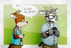  anthro antlers apple_inc. apple_watch bovid brown_body brown_fur caprine cellphone clothing darwin_(tinydeerguy) deer dialogue duo eating electronics english_text eyewear fur gary_(tinydeerguy) glasses goat grey_body grey_fur horn khaki_pants male mammal open_mouth overweight overweight_male oxford_shirt pens phone pocket_protector polo_shirt shirt tan_body tan_fur teeth_showing text tinydeerguy tongue_showing topwear white_body white_fur 