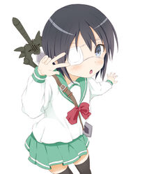  :o black_hair blue_eyes blush chuunibyou_demo_koi_ga_shitai! commentary_request eyepatch female highres peanuts_(ennuim) school_uniform serafuku short_hair skirt solo sword togashi_kuzuha v v_over_eye weapon 