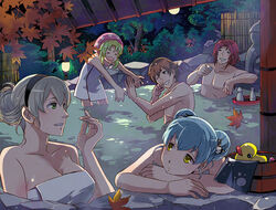  2boys 3girls alternate_hairstyle bad_id bad_pixiv_id blue_hair breasts brown_hair bucket bush cleavage collarbone double_bun eiyuu_densetsu elie_macdowell green_eyes green_hair grey_hair hair_bun hairband kazuki_(kazu-king) kea_(eiyuu_densetsu) lamp large_breasts leaf lloyd_bannings maple_leaf mishy mixed-sex_bathing multiple_boys multiple_girls naked_towel night onsen photoshop_(medium) randolph_orlando red_hair rubber_duck shared_bathing short_hair single_hair_bun smile splashing tio_plato topless_male towel voyeurism wooden_bucket yellow_eyes zero_no_kiseki 