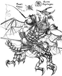  2009 anthro arthropod claws clothed clothing dragon horn hybrid insects legendz male melee_weapon membrane_(anatomy) membranous_wings monochrome muscular muscular_anthro muscular_male mythological_creature mythological_scalie mythology open_mouth polearm ranshiin scalie simple_background solo spear tail teeth tigerlilylucky traditional_media_(artwork) weapon white_background wings 