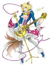  1boy animal_ears ascot bad_id bad_pixiv_id bishounen blonde_hair blue_eyes guitar highres instrument kiniro_yasha male_focus microphone microphone_stand multicolored_hair photoshop_(medium) show_by_rock!! shu_zo_(show_by_rock!!) simple_background smile solo streaked_hair tail white_background 