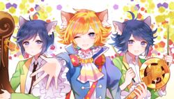  3boys absurdres ahoge animal_ears bad_id bad_pixiv_id bishounen biskekun blonde_hair blue_eyes blue_hair commentary_request green_eyes highres kai_(show_by_rock!!) looking_at_viewer male_focus multicolored_hair multiple_boys one_eye_closed open_mouth riku_(show_by_rock!!) show_by_rock!! shu_zo_(show_by_rock!!) smile streaked_hair 