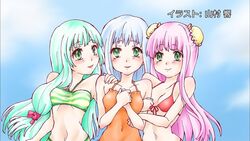  3girls aoki_hagane_no_arpeggio bikini blush bun_cover double_bun end_card green_eyes green_hair hair_bun i-400_(aoki_hagane_no_arpeggio) i-402_(aoki_hagane_no_arpeggio) iona_(aoki_hagane_no_arpeggio) long_hair multiple_girls personification purple_hair silver_hair swimsuit triplets yamamura_hibiku 