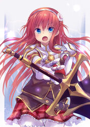  alisia_heart armor belt blue_eyes blush commentary_request dungeon_travelers_2 female front-tie_top gauntlets hairband highres long_hair open_mouth pantyhose pauldrons red_hair shoulder_armor skirt solo sword waruwarutsu weapon white_pantyhose 