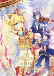  3boys ahoge animal_ears ascot bad_id bad_pixiv_id bishounen blonde_hair blue_eyes blue_hair butterfly_wings cat_ears crown epaulettes fairy_wings green_eyes headphones highres insect_wings instrument kai_(show_by_rock!!) looking_at_viewer male_focus multicolored_hair multiple_boys oerba_yun_fang one_eye_closed open_mouth riku_(show_by_rock!!) show_by_rock!! shu_zo_(show_by_rock!!) smile streaked_hair tambourine uskunkht violin wings 