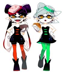  +_+ 2girls bad_id bad_pixiv_id black_hair bow bread brown_eyes callie_(splatoon) commentary_request detached_collar dress earrings fangs food food_on_head gloves green_legwear grey_hair hand_on_own_hip holding holding_food inkling jewelry long_hair looking_at_viewer marie_(splatoon) mole mole_under_eye multiple_girls object_on_head open_mouth pantyhose pointy_ears red_legwear rice sango_(y1994318) shoes short_dress short_hair short_jumpsuit smile splatoon_(series) splatoon_1 standing strapless strapless_dress tentacle_hair white_background white_gloves 