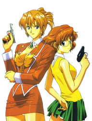  1990s_(style) 2girls absurdres agent_aika aida_rion aika_(series) aqua_eyes arm_up back-to-back bare_arms bare_shoulders blonde_hair blue_eyes breasts brooch brown_eyes brown_hair bustier cleavage closed_mouth collar cropped_legs detached_collar earrings finger_on_trigger fingernails folded_ponytail glasses green_skirt gun hair_between_eyes hairband highres holding holding_gun holding_weapon jacket jewelry light_smile lipstick long_hair long_sleeves looking_at_viewer looking_back makeup medium_breasts miniskirt multiple_girls official_art panties pantyshot pencil_skirt photoshop_(medium) red_jacket red_lips red_skirt retro_artstyle shirt short_hair simple_background skirt sleeveless standing sumeragi_aika underwear v-shaped_eyebrows vest weapon white_background white_collar white_panties white_shirt yamauchi_noriyasu yellow_bustier yellow_vest 