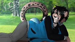  2016 anthro bell bell_collar black_hair bottomwear clothed clothing collar digital_media_(artwork) felid female hair jacket kris_(excitedcargoyle) looking_at_viewer lying mammal monstercheetah on_side open_clothing open_jacket open_topwear orange_eyes outside pants shaded short_hair smile solo tongue tongue_out topwear 