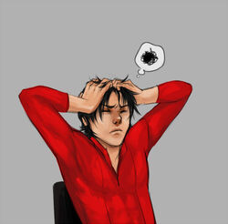  1boy batman_(series) black_hair chair closed_eyes dc_comics frustrated grey_background hands_on_head long_sleeves lowres male male_focus red_robin red_shirt shirt simple_background sitting solo thought_bubble tim_drake 