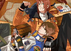  2boys aqua_eyes bad_id bad_pixiv_id brown_eyes brown_hair coat couch digital_media_player eiyuu_densetsu feline fingerless_gloves gloves kazuki_(kazu-king) lloyd_bannings long_hair magazine_(object) male_focus multiple_boys pants photoshop_(medium) pillow randolph_orlando red_hair smile zero_no_kiseki 