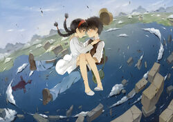  1boy bad_id bad_pixiv_id bag black_hair braid carrying cloud couple day dutch_angle female floating from_above from_side haijin hairband hat holding pants pazu princess_carry profile sheeta shoes skirt stone straight tenkuu_no_shiro_laputa tiger_moth_(laputa) twin_braids unworn_hat unworn_headwear white_skirt 