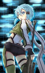  anti-materiel_rifle blue_eyes blue_hair bolt_action commentary_request female fingerless_gloves gloves gun highres looking_back pgm_hecate_ii rasielcochma rifle scarf short_shorts shorts sinon sniper_rifle sword_art_online thighhighs weapon 