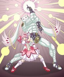  bad_id bad_pixiv_id erechan female fusion highres jojo_no_kimyou_na_bouken jojo_pose kaname_madoka kaname_madoka_(magical_girl) killer_queen killer_queen&#039;s_pose_(jojo) kneehighs kyuubee mahou_shoujo_madoka_magica mahou_shoujo_madoka_magica_(anime) parody shoes socks standing white_legwear 