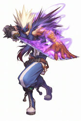  1boy aura belt belts boots chains demonic_arm dnf dungeon_and_fighter katana male_focus red_eyes slayer solo soul_bender spiked_hair spikey_hair sword weapon white_hair 