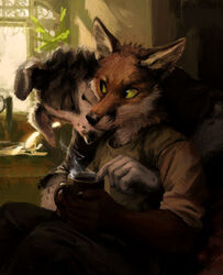  2015 anthro beverage black_body black_fur border_collie bottomwear canid canine canis clothed clothing coffee collie container cup digital_media_(artwork) digital_painting_(artwork) domestic_dog duo food fox front_view fur half-closed_eyes hax_(artist) herding_dog hot_drink hug hugging_another hugging_from_behind inside kenket lofi longing male mammal morning narrowed_eyes orange_body orange_fur pants pastoral_dog portrait shaded sheepdog shirt sitting slice_of_life smile steam three-quarter_portrait topwear white_body white_fur yellow_sclera 