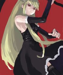  artist_request black_dress black_legwear blonde_hair bridal_gauntlets dress elbow_gloves gloves hime_(kaibutsu_oujo) kaibutsu_oujo long_hair michael red_eyes scythe thighhighs weapon 