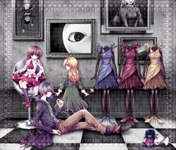  1boy 2girls ascot blonde_hair blood blue_eyes blue_flower blue_rose border brown_hair chair checkered_floor coat commentary_request doll doll_(ib) flower garry_(ib) hair_over_one_eye high_heels highres ib_(ib) ib_(kouri) kneehighs long_hair looking_at_viewer mannequin mary_(ib) multiple_girls painting_(object) purple_hair red_eyes red_flower red_rose rose seren_(seresere) shoes short_hair sitting skirt smile socks yellow_flower yellow_rose 