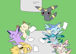  &gt;_&lt; animal_ears arms_up black_eyes clenched_teeth closed_eyes espeon furry glaceon green_background hand_up jolteon leafeon letsuo meeting no_humans open_mouth paper pokemon pokemon_(creature) pokemon_dppt pokemon_gsc pokemon_rgby pokemon_xy red_sclera simple_background sitting smile sylveon table tail tears teeth vaporeon 