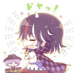  23_(candy_chapus) 2girls :d ahoge black_hair blue_bow bow bowl bowl_hat checkered_clothes checkered_scarf chibi closed_eyes commentary_request cone_horns dress eyebrows hat horns in_bowl in_container index_finger_raised japanese_clothes kijin_seija kimono multicolored_hair multiple_girls nimble_fabric oerba_yun_fang open_mouth puffy_short_sleeves puffy_sleeves purple_hair red_hair red_kimono sash scarf short_hair short_sleeves small_horns smile smug sparkle star_(symbol) streaked_hair sukuna_shinmyoumaru torn_clothes torn_scarf touhou white_background white_dress white_hair white_horns 