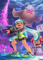  1boy 3girls agent_3_(splatoon) bike_shorts billboard callie_(splatoon) commentary_request goggles headphones hero_shot_(splatoon) highway ink_tank_(splatoon) inkling inkling_boy inkling_girl inkling_player_character kamifish long_hair marie_(splatoon) multiple_girls octarian_(enemy) octobomber octotrooper open_mouth photoshop_(medium) pointy_ears poster_(medium) sign splatoon_(series) splatoon_1 squidbeak_splatoon super_soaker tentacle_hair 