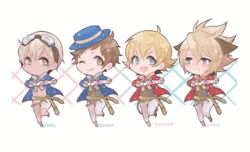  4boys :d ;) adapted_costume alternate_costume blonde_hair blue_eyes blush boater_hat brown_eyes brown_hair character_name chibi commentary_request dark-skinned_male dark_skin embarrassed erune feather_(granblue_fantasy) flipped_hair full_body gloves goggles goggles_on_head gran_(granblue_fantasy) granblue_fantasy grin gucha_(netsu) hair_between_eyes heart heart_hands idol joel_(granblue_fantasy) kimi_to_boku_no_mirai leg_up looking_away male_focus multiple_boys navel one_eye_closed open_mouth pants platinum_blonde_hair shorts smile stan_(granblue_fantasy) star_(symbol) sweatdrop tan topless_male v-shaped_eyebrows wavy_mouth white_gloves white_pants 