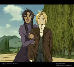  1boy ahoge arm_hug blonde_hair braid brown_eyes brown_hair coat conqueror_of_shambala dark_skin dress edward_elric female fullmetal_alchemist fullmetal_alchemist:_conqueror_of_shamballa high_collar long_hair noah_(fma) open_mouth outdoors ponytail purple_dress smile sweatdrop vest yellow_eyes 