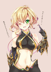  ;d ahoge bare_shoulders black_gloves blonde_hair blush breasts charlotte_(shironeko_project) commentary_request elbow_gloves female gloves green_eyes hair_ornament looking_at_viewer medium_breasts mocha_(naturefour) navel oerba_yun_fang one_eye_closed open_mouth shironeko_project short_hair smile solo stomach translation_request upper_body 