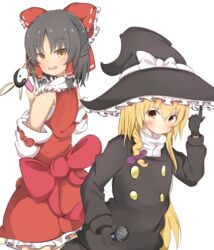  2girls absurdres akabeco black_gloves black_hair black_hat blonde_hair blush bow braid brown_eyes closed_mouth commentary_request cookie_(touhou) detached_sleeves gloves hair_tubes hairbow hakurei_reimu hat highres holding holding_microphone kirisame_marisa long_sleeves looking_at_viewer microphone multiple_girls open_mouth purple_bow red_bow rei_(cookie) sananana_(cookie) smile touhou witch_hat 