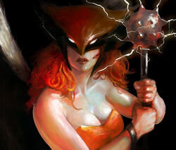  alien blood breasts cleavage dc_comics electricity female female hawkgirl mace mask orange_hair solo strapless weapon wings 