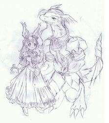  2009 animal_humanoid anthro breasts clothed clothing dragon dress duo female fur furred_dragon furred_scalie hair humanoid lagomorph legendz linvar long_hair male mammal monochrome muscular mythological_creature mythological_scalie mythology piercing ranshiin scalie scar simple_background size_difference tail tigerlilylucky traditional_media_(artwork) white_background wings 