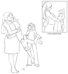  2015 age_difference anthro aogami barefoot black_and_white breast_smother breasts cindy_(jeffybunny) closed_eyes clothed clothing english_text feet female gesture group hair hand_gesture hi_res hug intraspecies jeffybunny lagomorph larger_female laugh leporid lifting male mammal monochrome older_female open_mouth pointing pointing_at_another rabbit robby_bunny simple_background size_difference smaller_male smile smothering text white_background young young_anthro younger_male 