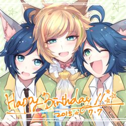  3boys ahoge animal_ears ascot bad_id bad_pixiv_id bishounen blonde_hair blue_eyes blue_hair blush boy_sandwich cat_ears commentary_request dated green_eyes happy_birthday kai_(show_by_rock!!) male_focus mugimamire multicolored_hair multiple_boys one_eye_closed riku_(show_by_rock!!) sandwiched show_by_rock!! shu_zo_(show_by_rock!!) smile star_(symbol) streaked_hair 