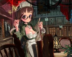  12_(xaenedju) apron blush book breasts brown_eyes brown_hair cleavage commentary_request cross deathsmiles dress female follett_(deathsmiles) glasses hat large_breasts looking_at_viewer partial_commentary short_hair solo wand 